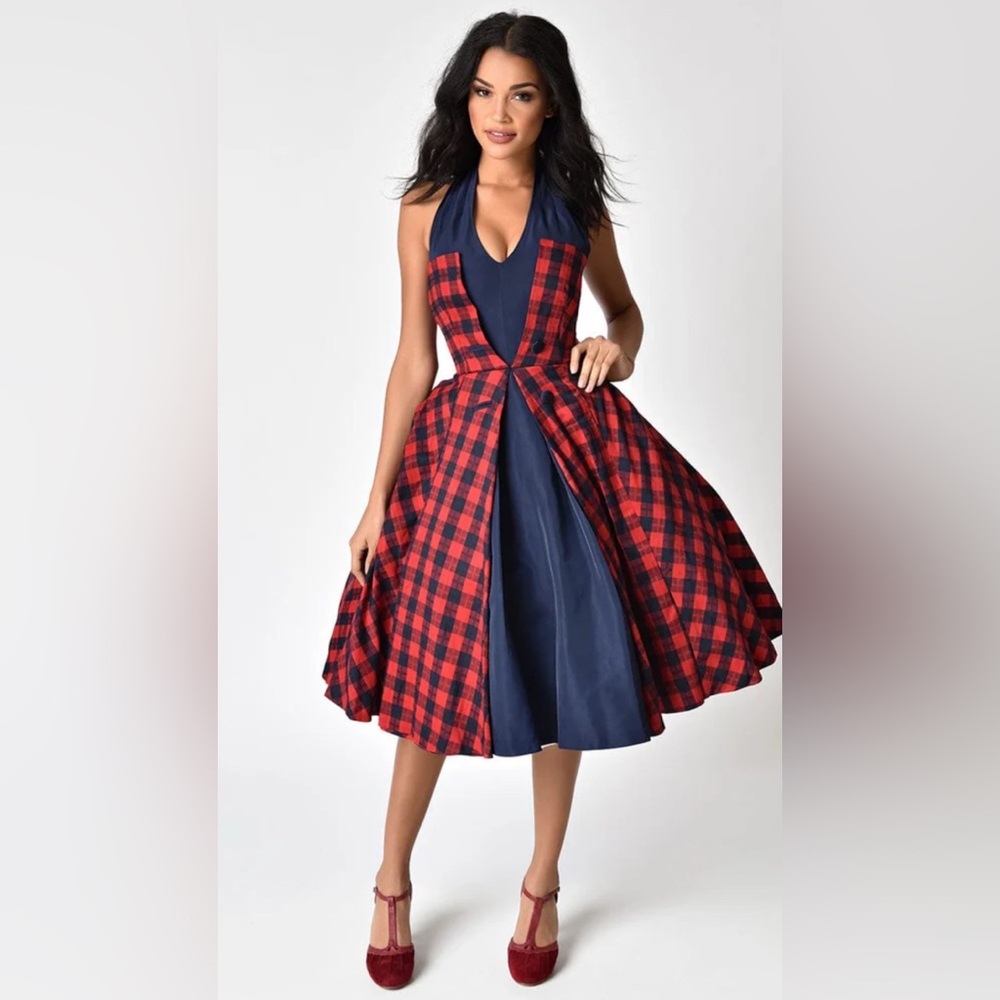 Unique Vintage Navy & Red Plaid Halter Margaret Swing Dress - XLarge